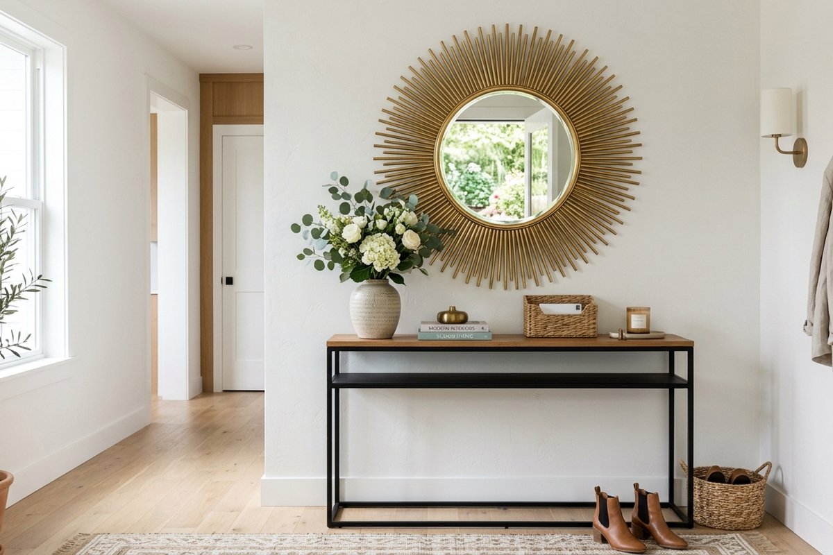 Round gold sunburst mirror above a console table in a bright entryway