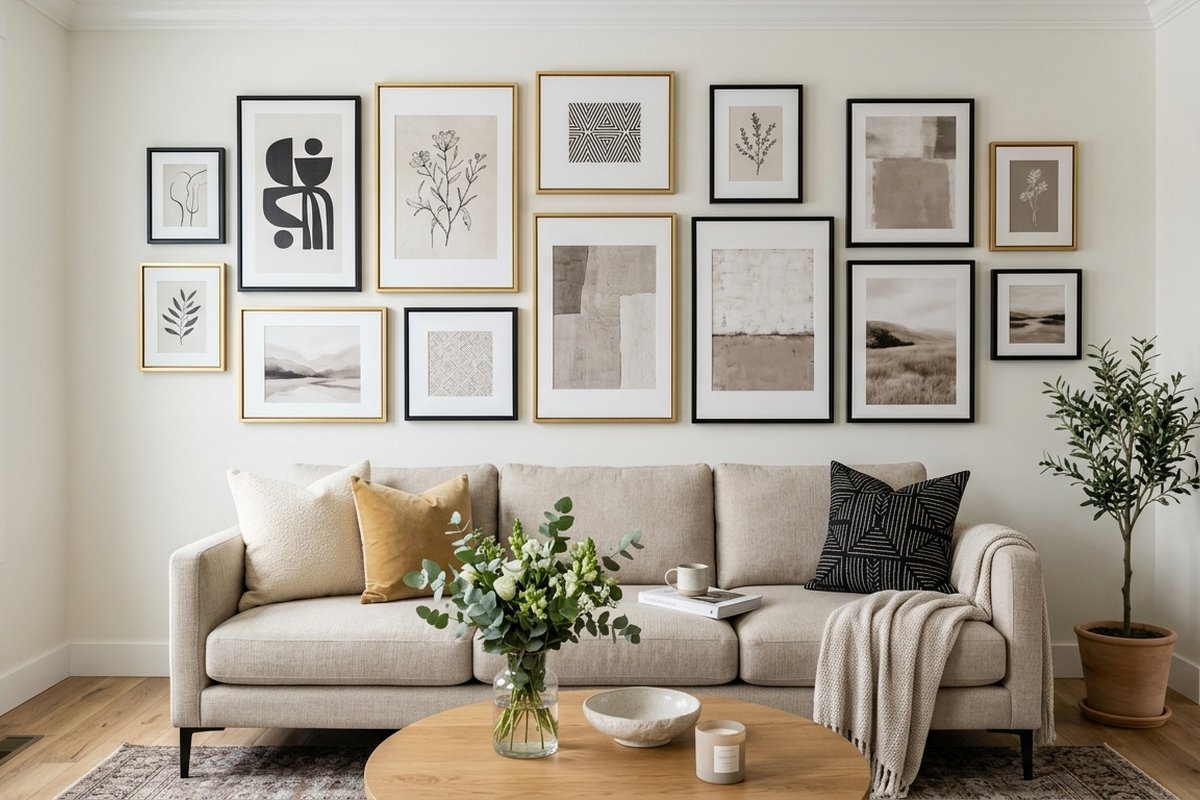Professionally arranged gallery wall with framed canvas art prints above a sofa