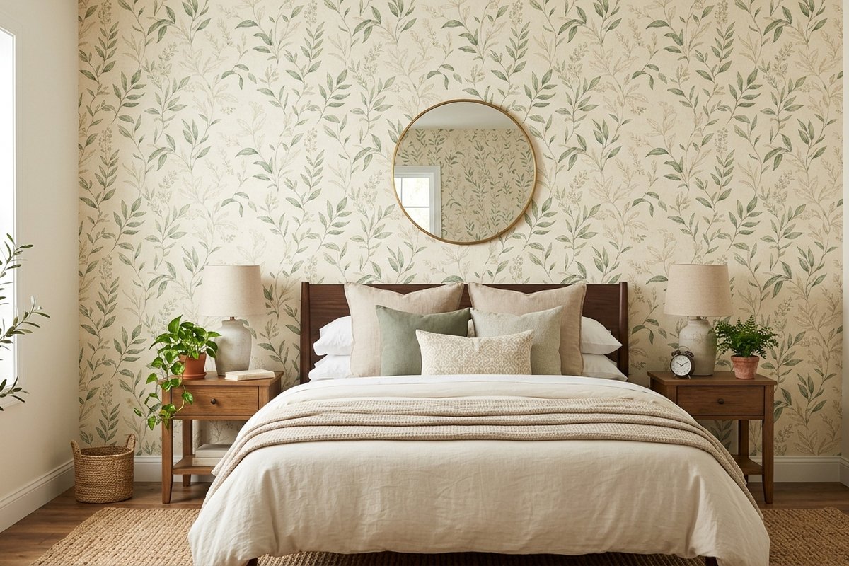 Botanical peel-and-stick wallpaper accent wall behind a bed in a modern bedroom