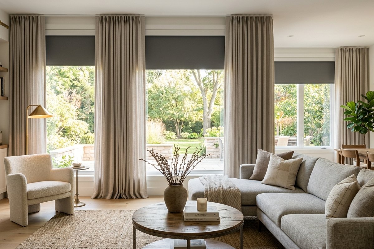 Neutral floor-to-ceiling curtains with blackout roller shades in a bright living room